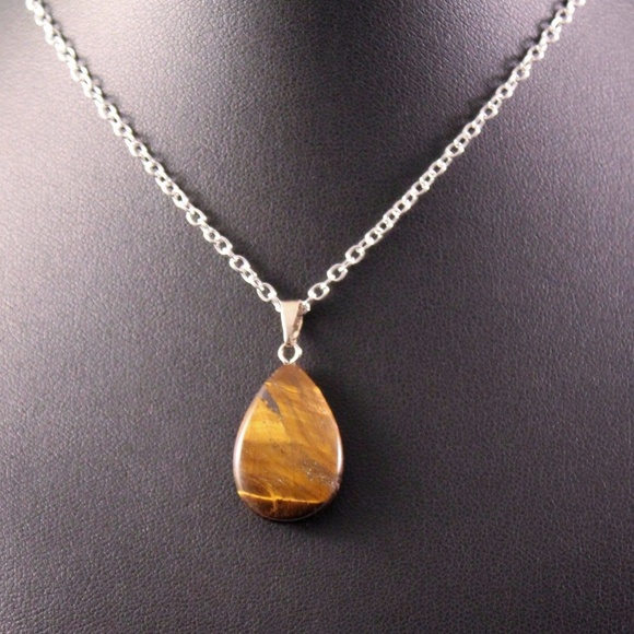 Natural Tigers Eye Teardrop Pendant Necklace - Picture 5 of 6